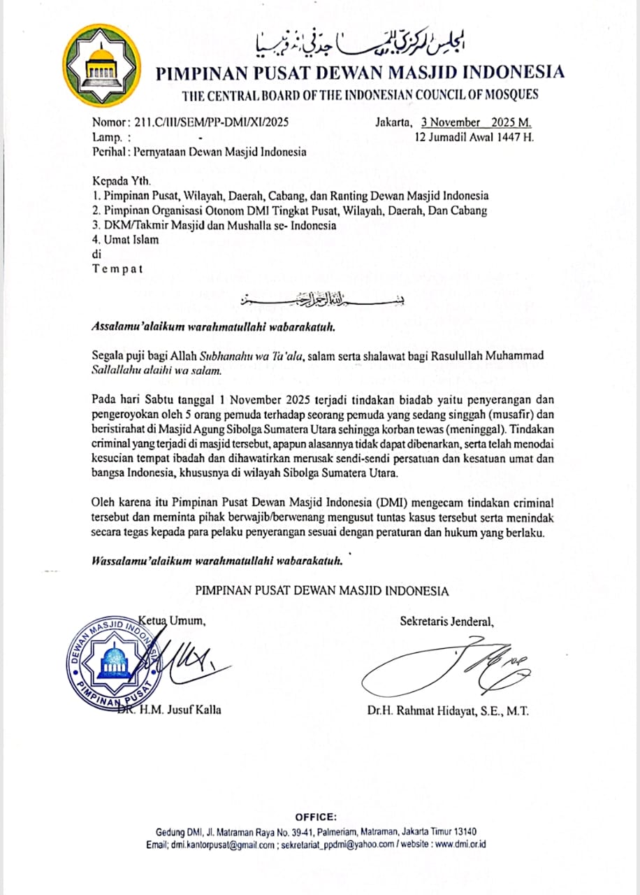 surat Pernyataan DMI tentang pengeroyokan seorang pemuda hingga tewas di Masjid Agung Sibolga, Sumatera Utara